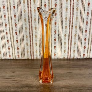 Vintage Orange and Clear Glass Vase, Mid Century Modern, One Flower Vase